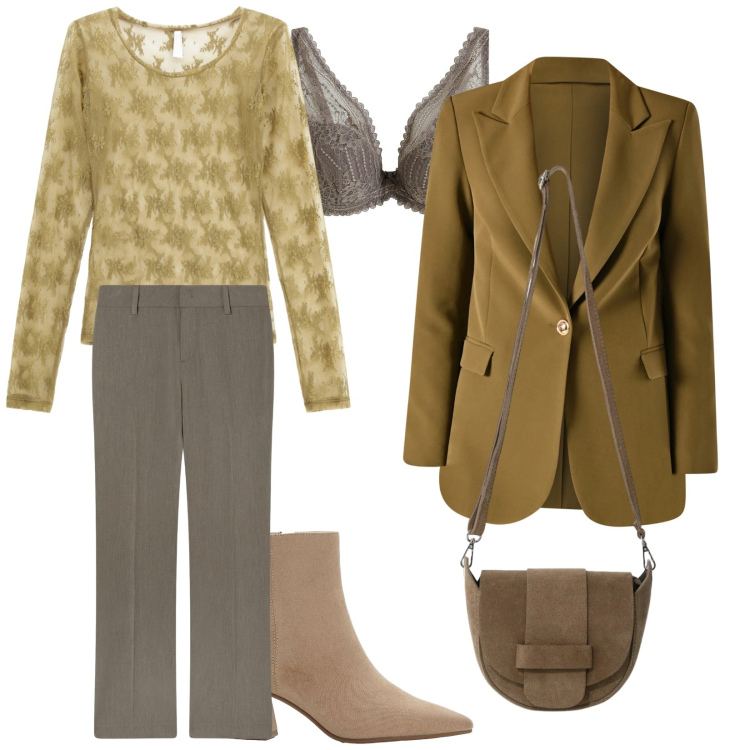 Outfit donna - Maglia in pizzo. Stile Trendy per Serata fuori. Abbinamento con stivaletti, reggiseni, pantaloni, maglieria, borse a tracolla, blazer.
