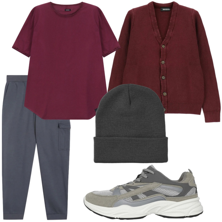 Outfit uomo - Sportivo casual. Stile Casual per Tutti i giorni. Abbinamento con t-shirt, cardigans, sneakers, berretti, pantaloni cargo.