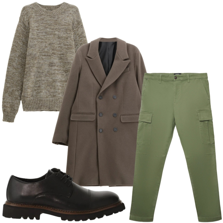 Outfit uomo - Il cappotto casual. Stile Casual per Tutti i giorni. Abbinamento con pantaloni cargo, cappotti, maglieria, scarpe stringate.