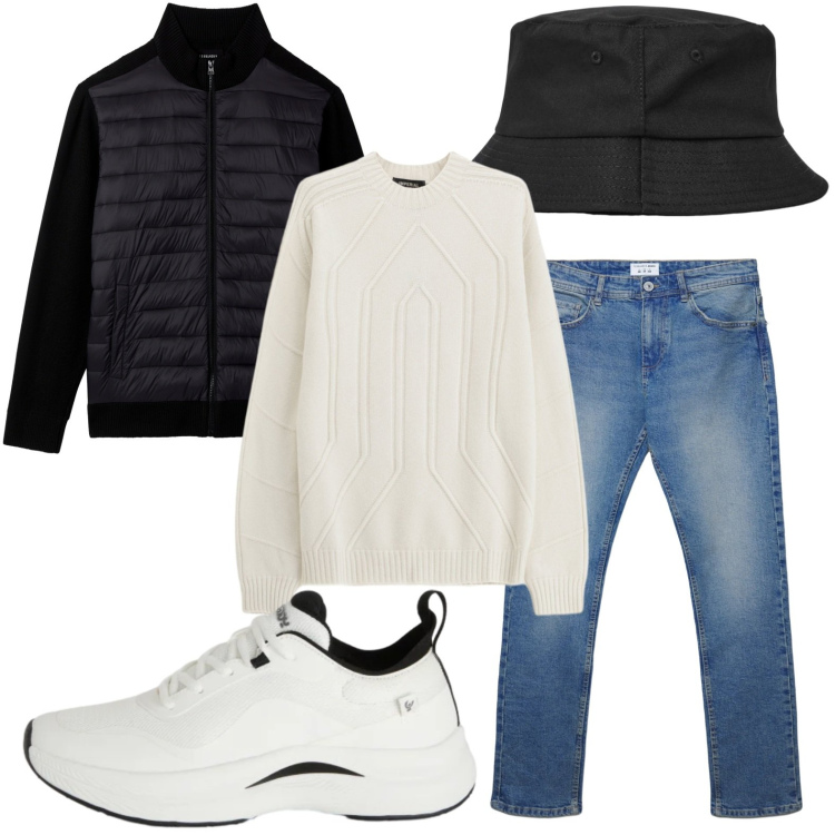 Outfit uomo - Il cappello trendy. Stile Trendy per Tutti i giorni. Abbinamento con cappelli con visiera, jeans dritti, piumini, pullovers, sneakers.