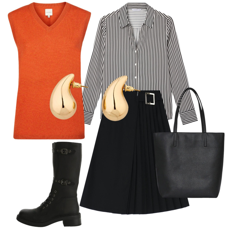 Outfit donna - Semplice ma curata. Stile Basic per Tutti i giorni. Abbinamento con orecchini, gonne longuette, stivali, camicie, borse tote, maglieria.