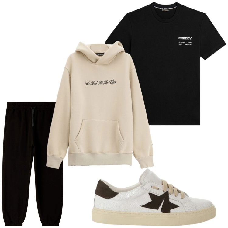 Outfit uomo - Sportivo. Stile Casual per Tutti i giorni. Abbinamento con pantaloni, felpe con cappuccio, sneakers, t-shirt.