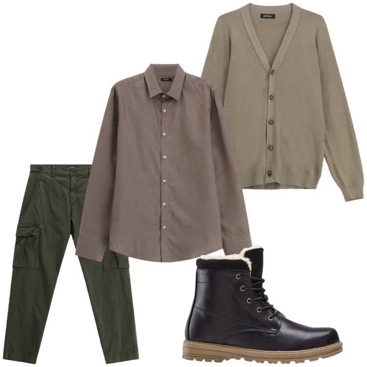 Outfit uomo - Il cardigan over. Stile Casual per Tutti i giorni. Abbinamento con stivali e stivaletti, pantaloni cargo, cardigans, camicie.