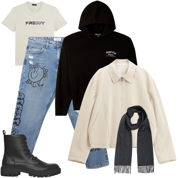 Outfit uomo - Mescolando. Stile Urban per Tutti i giorni. Abbinamento con cappotti, anfibi, felpe con cappuccio, jeans strappati, t-shirt, sciarpe.