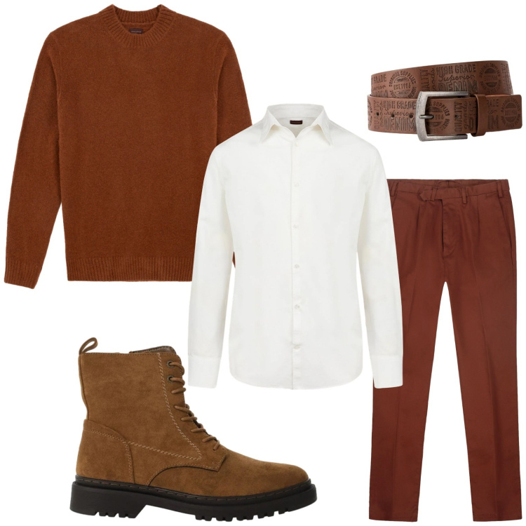 Outfit uomo - Toni del bruciato. Stile Casual per Tutti i giorni. Abbinamento con cinture, anfibi, camicie, pantaloni, maglieria.