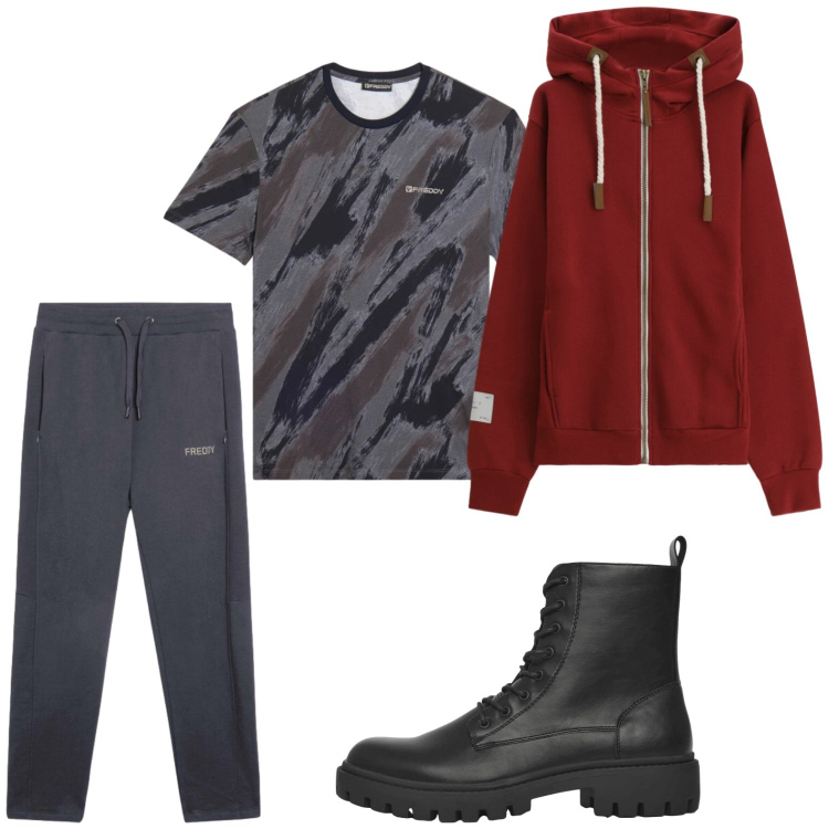 Outfit uomo - Sportivo. Stile Casual per Tutti i giorni. Abbinamento con anfibi, felpe con cappuccio, pantaloni, t-shirt.