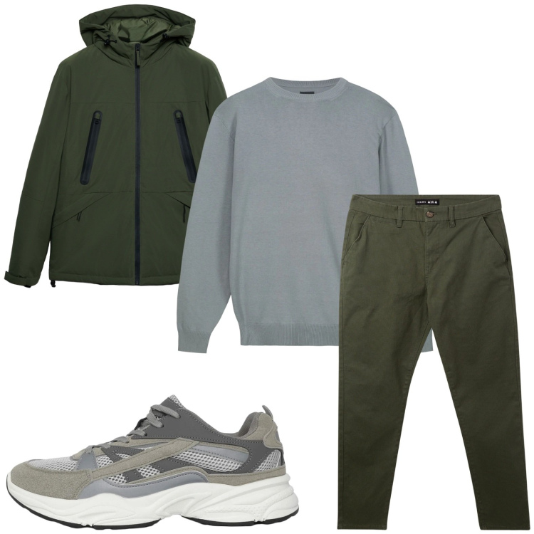 Outfit uomo - Verde invernale. Stile Casual per Tutti i giorni. Abbinamento con pantaloni chino, sneakers, giacche, maglieria.