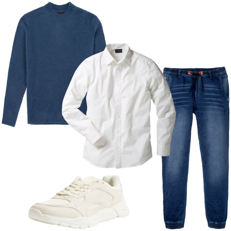 Outfit uomo - Passione jeans. Stile Casual per Tutti i giorni. Abbinamento con camicie, jeans dritti, sneakers, maglieria.