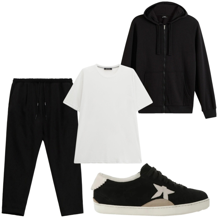 Outfit uomo - Nero e bianco. Stile Trendy per Tutti i giorni. Abbinamento con felpe con cappuccio, t-shirt, sneakers, pantaloni.