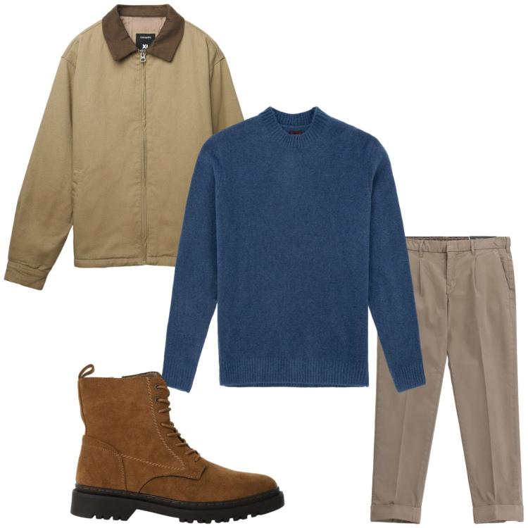 Outfit uomo - All day. Stile Casual per Tutti i giorni. Abbinamento con cappotti, pantaloni chino, anfibi, maglieria.