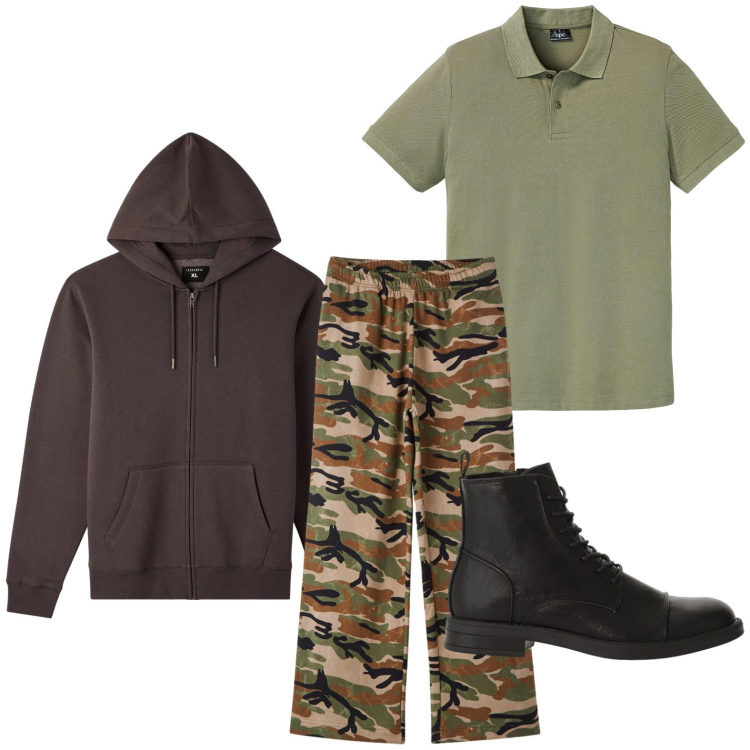 Outfit uomo - Military. Stile Casual per Tutti i giorni. Abbinamento con polo, anfibi, felpe con cappuccio, pantaloni.
