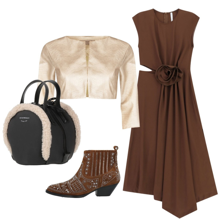 Outfit donna - Appuntamento serale…. Stile Glamour per Serata fuori. Abbinamento con stivaletti, zaini, vestiti midi/longuette, bolero.