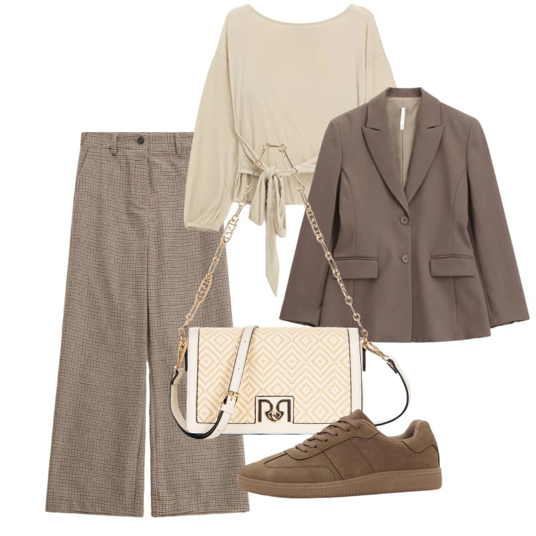 Outfit donna - Febbraio in tonalità soft - Focus Donna. Stile Casual per Tutti i giorni. Abbinamento con sneakers, blazer, top, pantaloni a palazzo, borse a tracolla.