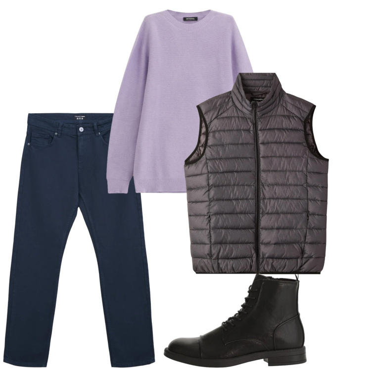 Outfit uomo - Febbraio. Stile Casual per Tutti i giorni. Abbinamento con piumini, jeans dritti, maglieria, anfibi.