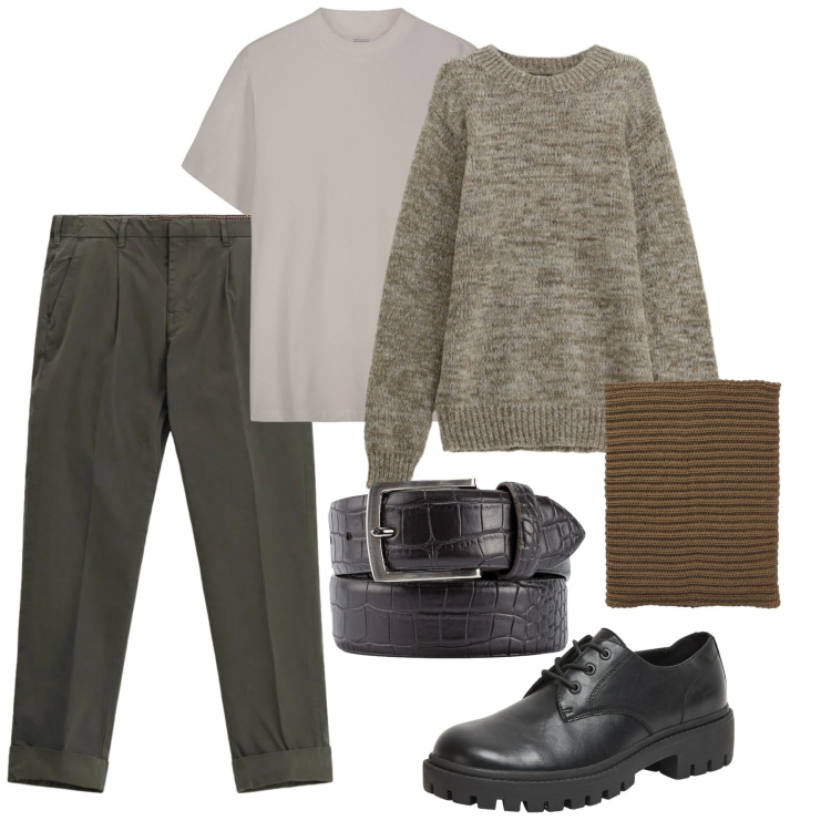Outfit uomo - Essenziale ma curato. Stile Casual per Tutti i giorni. Abbinamento con pantaloni chino, maglieria, scarpe stringate, scaldacollo, t-shirt, cinture.
