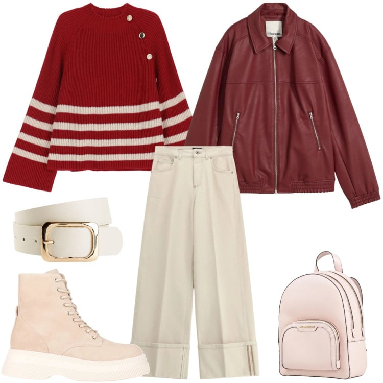 Outfit donna - Anche il rosso può essere casual. Stile Casual per Tutti i giorni. Abbinamento con stivaletti, zaini, cinture, blazer, maglieria, pantaloni a palazzo.