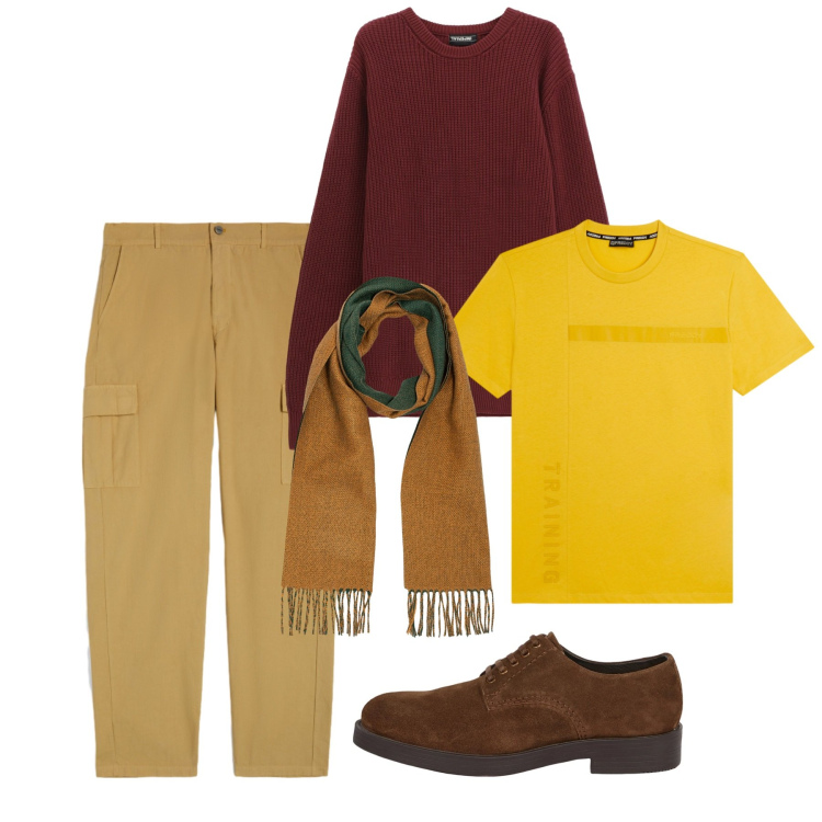 Outfit uomo - Il ritorno del colore. Stile Casual per Tutti i giorni. Abbinamento con maglieria, pantaloni cargo, t-shirt, scarpe stringate, sciarpe.