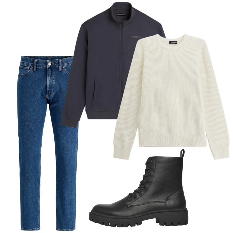 Outfit uomo - Febbraio. Stile Casual per Tutti i giorni. Abbinamento con jeans, anfibi, maglieria, felpe.