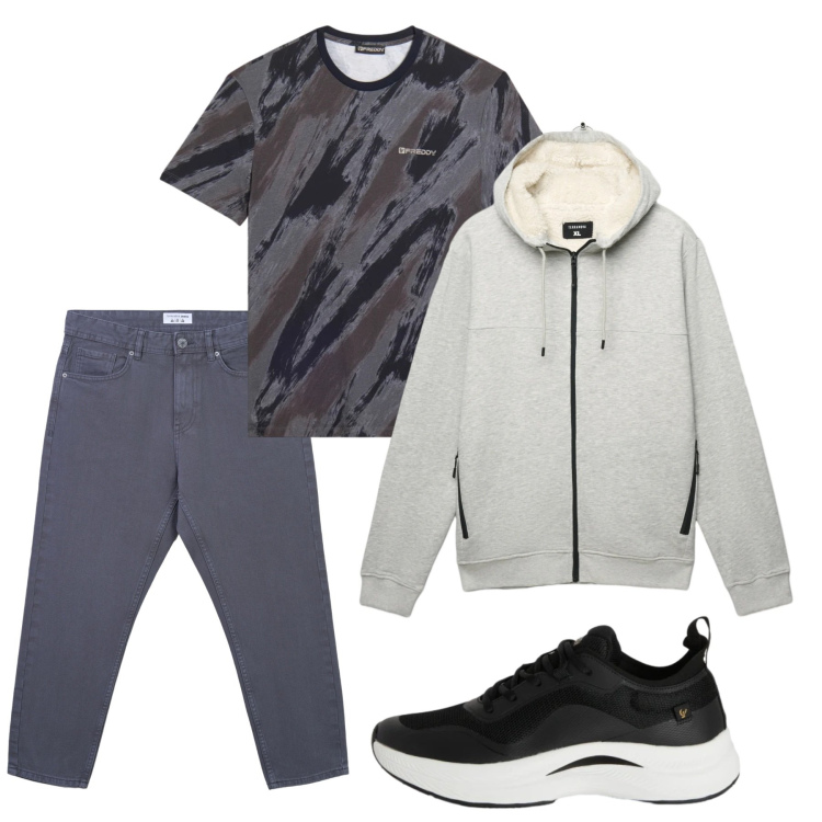 Outfit uomo - Febbraio. Stile Casual per Tutti i giorni. Abbinamento con jeans, felpe con cappuccio, sneakers, t-shirt.