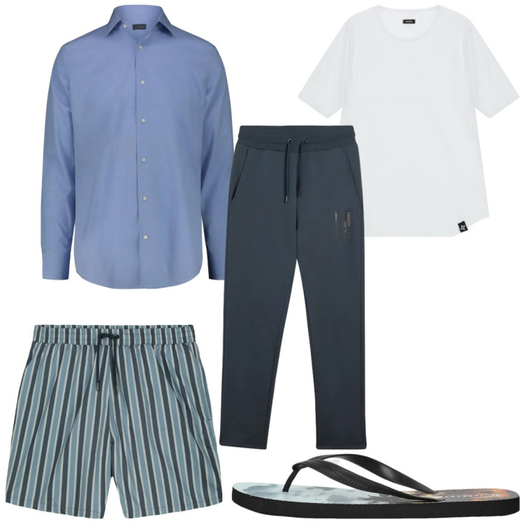 Outfit uomo - Total look #2344511. Stile Trendy per Mare. Abbinamento con t-shirt, sandali, pantaloni, costumi, camicie.