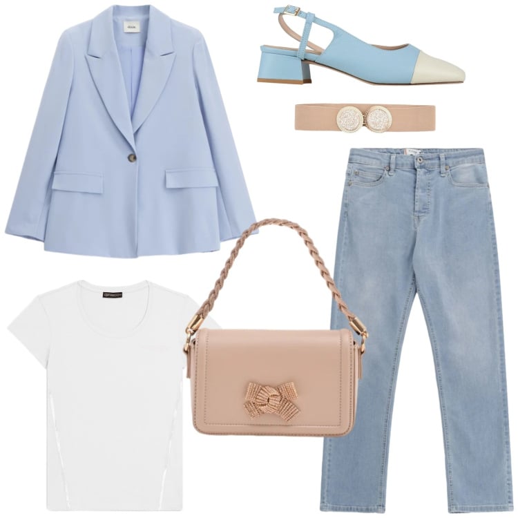 Outfit donna - Spring blazer. Stile Chic per Tutti i giorni. Abbinamento con décolleté, jeans, pochette, cinture, blazer, t-shirt.