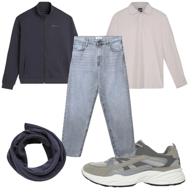 Outfit uomo - Total look #2344515. Stile Casual per Tutti i giorni. Abbinamento con sneakers, sciarpe, jeans, felpe, polo.