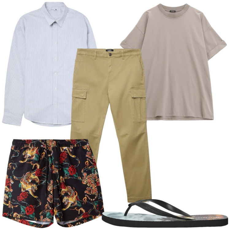 Outfit uomo - Total look #2344516. Stile Trendy per Mare. Abbinamento con sandali, costumi, pantaloni cargo, camicie, t-shirt.