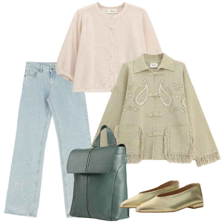 Outfit donna - Febbraio in tonalità soft - Focus Donna. Stile Bon Ton per Tutti i giorni. Abbinamento con zaini, cardigans, cardigans, ballerine, jeans dritti.