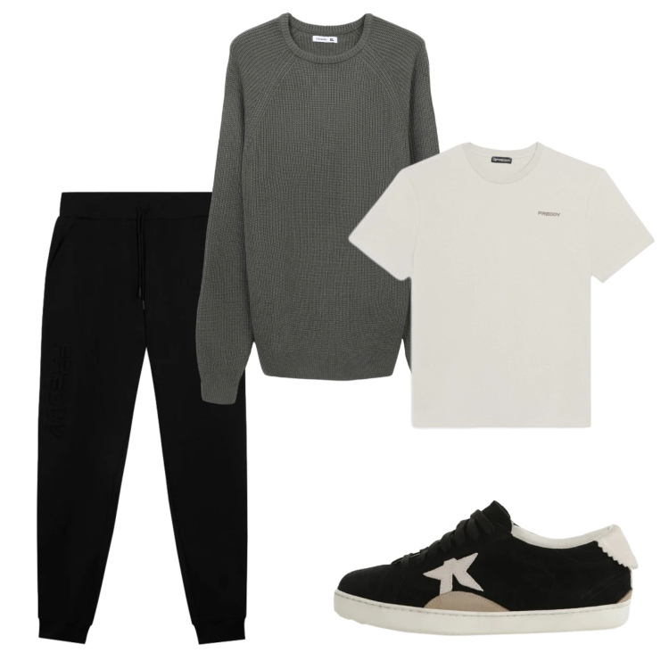 Outfit uomo - Febbraio. Stile Urban per Tutti i giorni. Abbinamento con maglieria, sneakers, pantaloni, t-shirt.