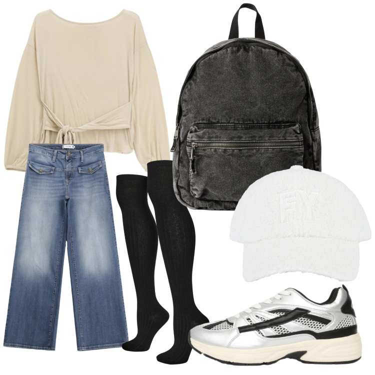 Outfit donna - Gita e Amici. Stile Sporty chic per Tutti i giorni. Abbinamento con calzini, zaini, sneakers, top, cappelli con visiera, jeans.