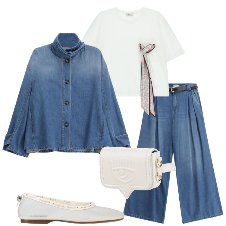 Outfit donna - Voglia di denim. Stile Casual chic per Tutti i giorni. Abbinamento con marsupi, ballerine, t-shirt, blazer, jeans.