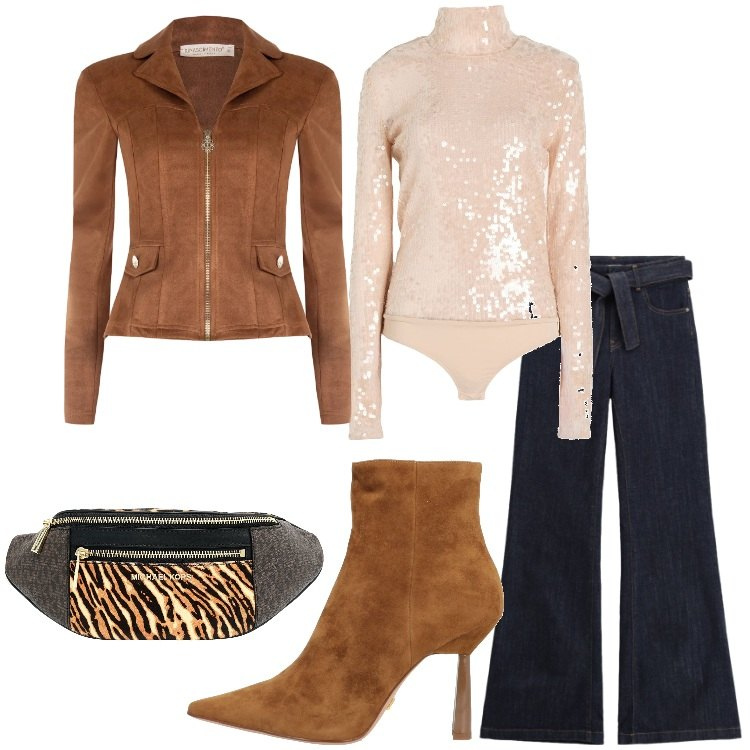 Outfit donna - Un tocco di luce d’inverno Curvy. Stile Trendy per Serata fuori. Abbinamento con stivaletti, body, marsupi, jeans a zampa, giacche.