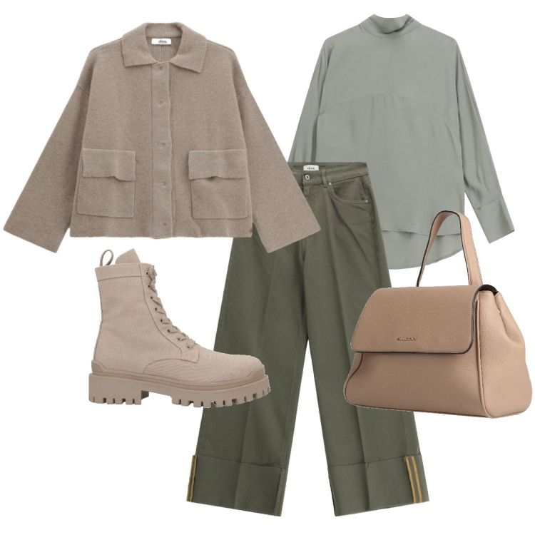 Outfit donna - Fine inverno. Stile Basic per Tutti i giorni. Abbinamento con stivaletti, zaini, pantaloni a palazzo, bluse, cardigans.