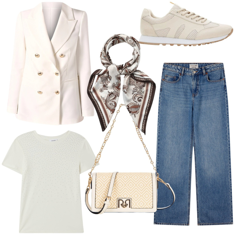 Outfit donna - Spring blazer edition. Stile Chic per Tutti i giorni. Abbinamento con sneakers, t-shirt, jeans, foulard, blazer, borse a tracolla.