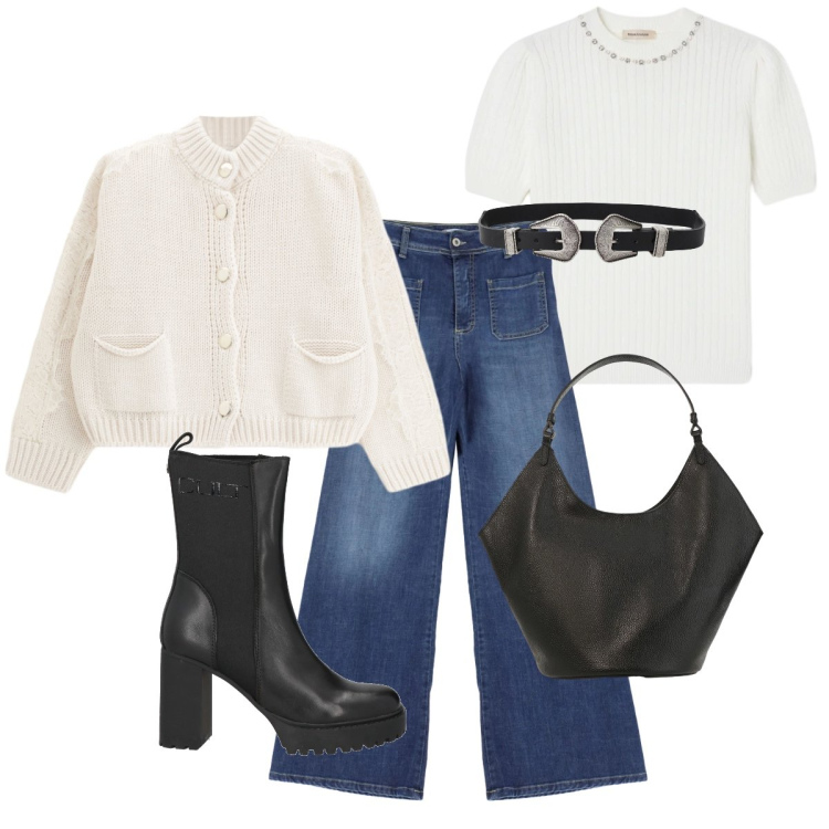 Outfit donna - Un look semplice. Stile Basic per Tutti i giorni. Abbinamento con stivaletti chelsea, cinture, cardigans, borse a spalla, jeans, pullovers.