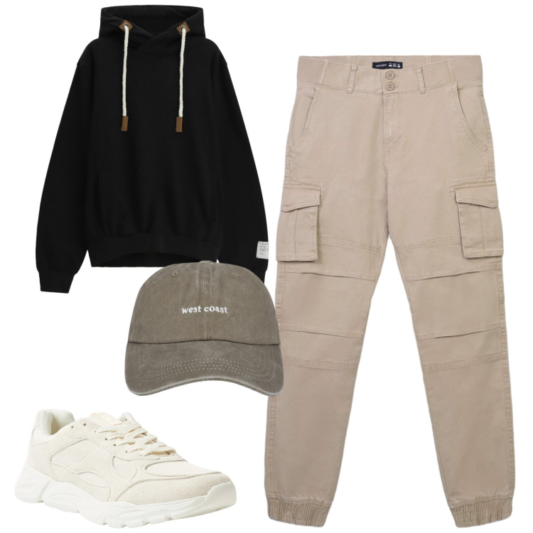 Outfit uomo - Total look #2344553. Stile Casual per Tutti i giorni. Abbinamento con felpe con cappuccio, sneakers, cappelli con visiera, pantaloni cargo.