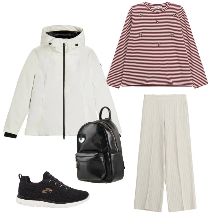 Outfit donna - Urban Sporty. Stile Casual per Tutti i giorni. Abbinamento con zaini, sneakers, t-shirt, pantaloni a palazzo, bomber.