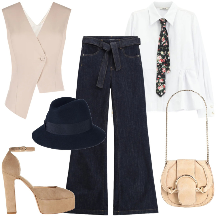 Outfit donna - Total look #2344560. Stile Trendy per Tutti i giorni. Abbinamento con décolleté, marsupi, cappelli, camicie, jeans a zampa, gilet.