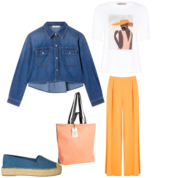 Outfit donna - Sunset Breeze. Stile Casual per Tutti i giorni. Abbinamento con espadrillas, camicie, borse tote, pantaloni, t-shirt.