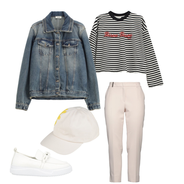 Outfit donna - Denim & Stripes. Stile Casual chic per Tutti i giorni. Abbinamento con mocassini, pantaloni, cappelli con visiera, blazer, t-shirt.