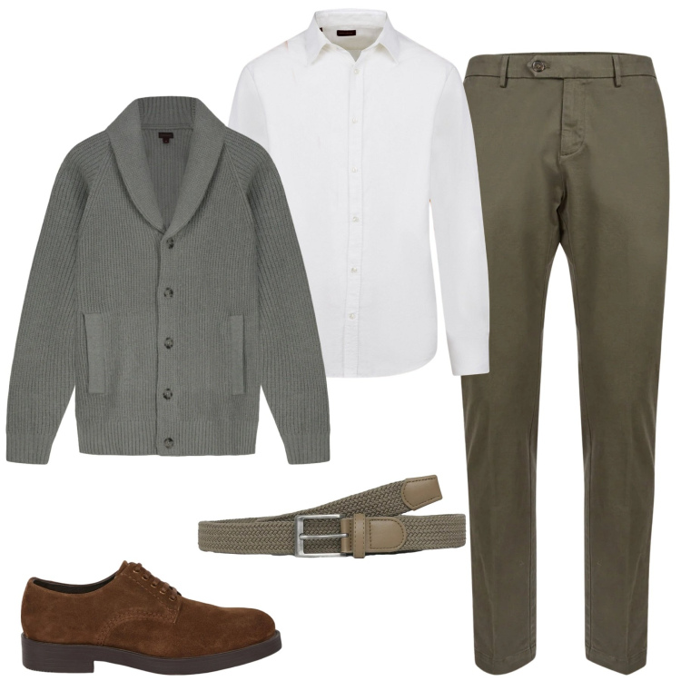 Outfit uomo - Total look #2344564. Stile Urban per Tutti i giorni. Abbinamento con cinture, pantaloni chino, camicie, scarpe stringate, cardigans.
