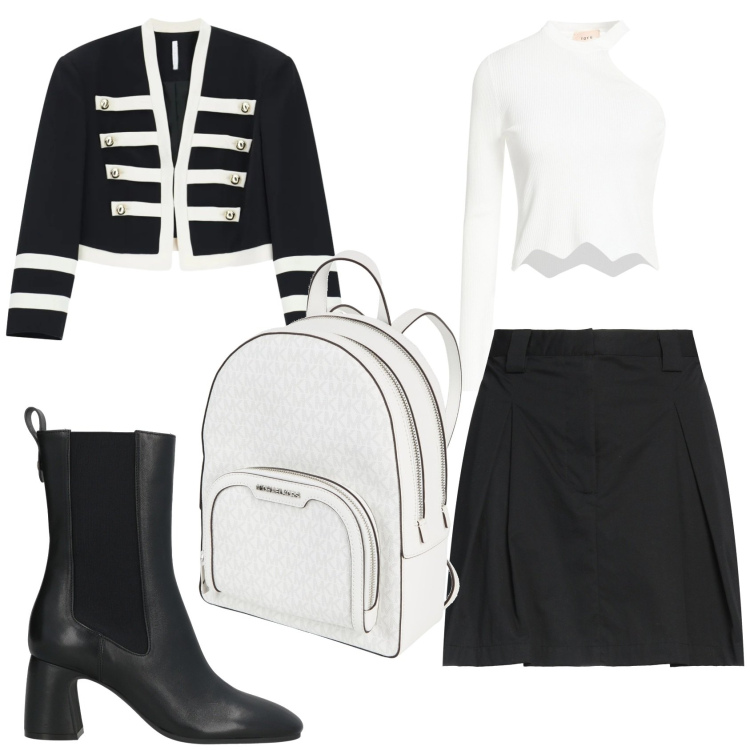 Outfit donna - Eleganza black and white. Stile Casual chic per Tutti i giorni. Abbinamento con minigonne, zaini, stivaletti chelsea, top, blazer.