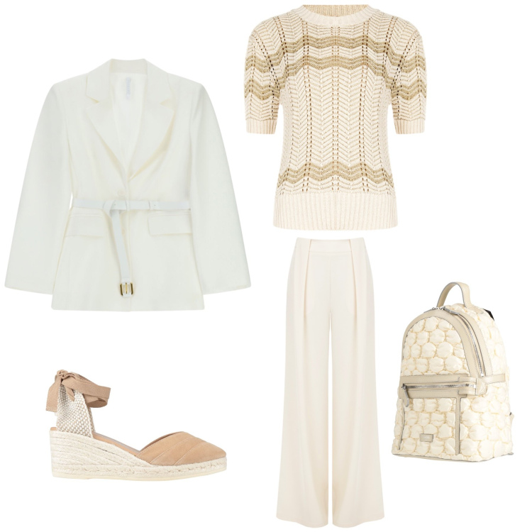 Outfit donna - Ivory Gold. Stile Glamour per Tutti i giorni. Abbinamento con zaini, espadrillas, blazer, pantaloni a palazzo, t-shirt.