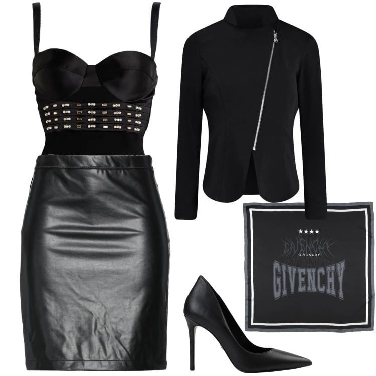 Outfit donna - Total look #2344573. Stile Sexy per Serata fuori. Abbinamento con minigonne, décolleté, body, sciarpe, blazer.