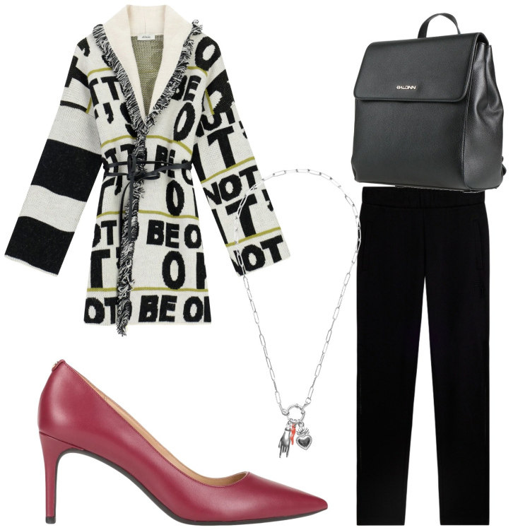 Outfit donna - Cardigan a fantasia. Stile Casual chic per Tutti i giorni. Abbinamento con décolleté, zaini, cardigans, ciondoli, pantaloni.