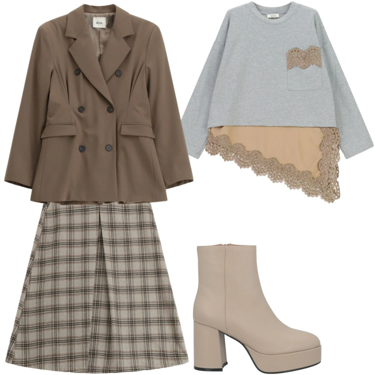 Outfit donna - Blazer doppiopetto per un tocco grintoso. Stile Trendy per Tutti i giorni. Abbinamento con stivaletti, top, gonne longuette, blazer.