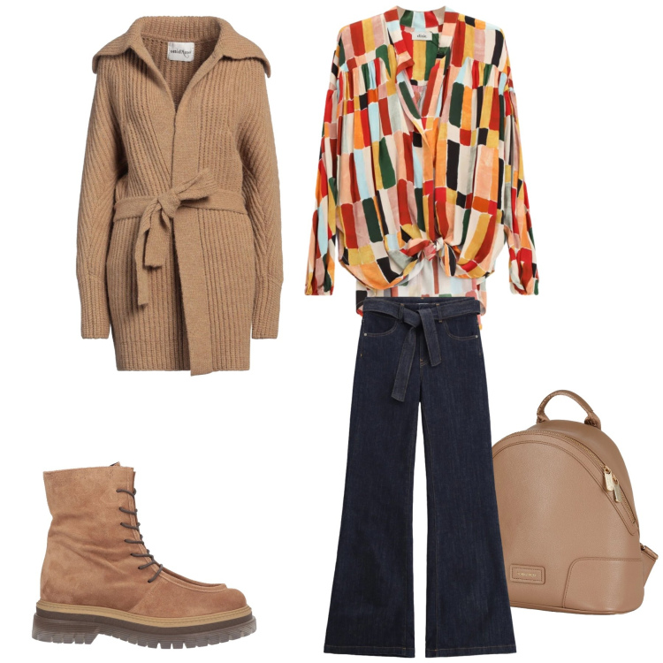 Outfit donna - Mosaic Soul. Stile Boho per Tutti i giorni. Abbinamento con cardigans, zaini, stivaletti, bluse, jeans a zampa.