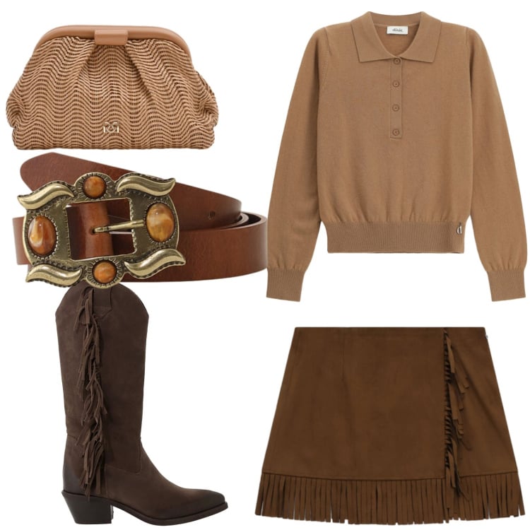 Outfit donna - Etnico cow girl. Stile Etnico per Tutti i giorni. Abbinamento con pochette, stivali, cinture, pullovers, minigonne.