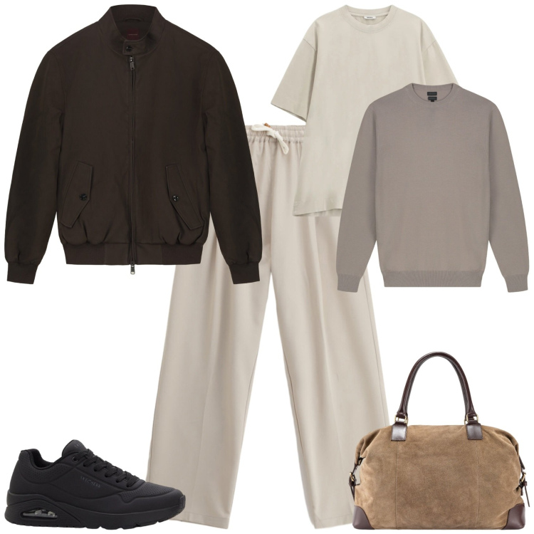 Outfit uomo - Trendy in viaggio. Stile Trendy per Tutti i giorni. Abbinamento con sneakers, pantaloni, t-shirt, borse sportive, bomber, maglieria.