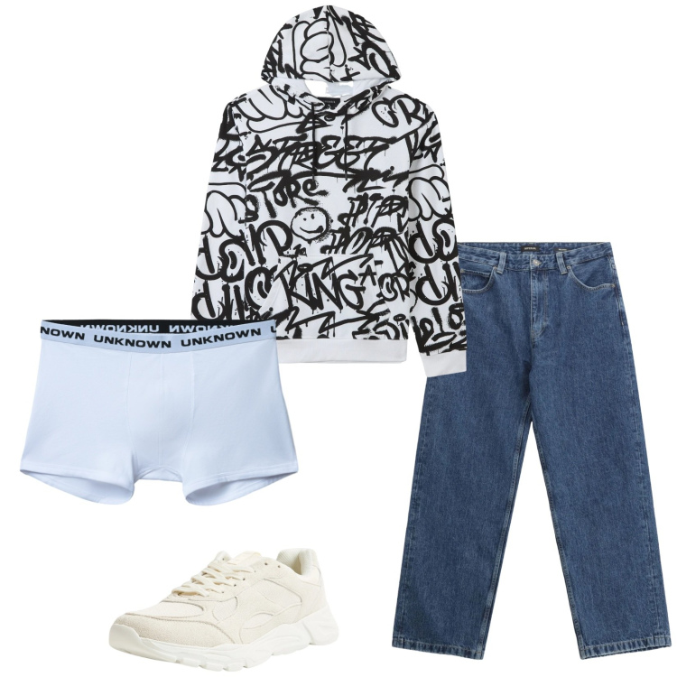 Outfit uomo - Total look #2344594. Stile Casual per Tutti i giorni. Abbinamento con felpe con cappuccio, sneakers, boxer, jeans.